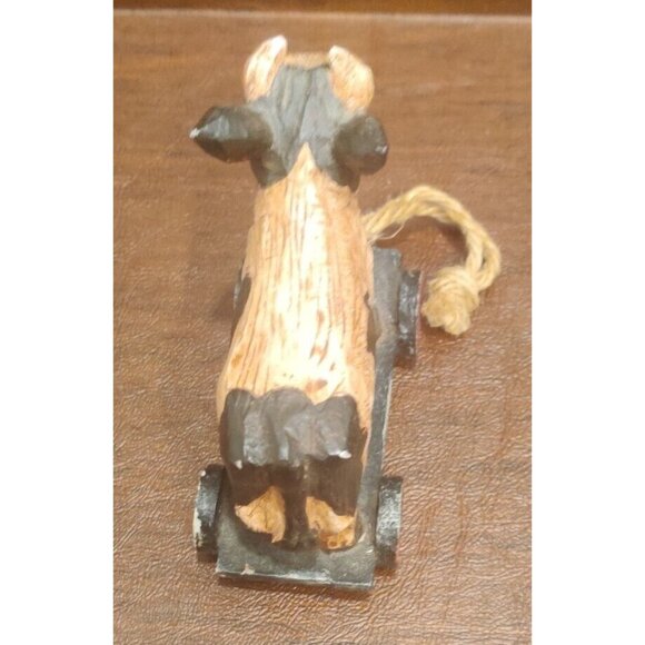 Rustic Plastic Wood-like Carved Black Spotted Cow on Pull Cart Farm Barn Decor - Picture 6 of 11